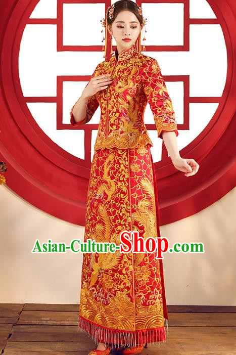 Top Grade Chinese Traditional Wedding Costumes Xiuhe Suits Bride Red Embroidered Phoenix Dress for Women