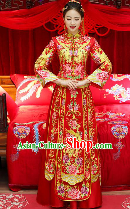 Top Grade Chinese Traditional Wedding Costumes Bride Embroidered Trailing Xiuhe Suits for Women