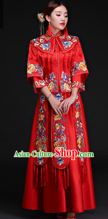 Chinese Traditional Wedding Costumes Ancient Longfeng Flown Bride Embroidered Peony Xiuhe Suits for Women