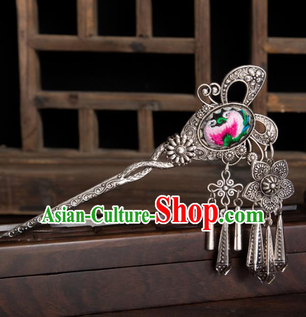 Chinese Traditional Hair Accessories Ancient Hanfu Sliver Tassel Hair Clip Embroidered Hairpin for Women