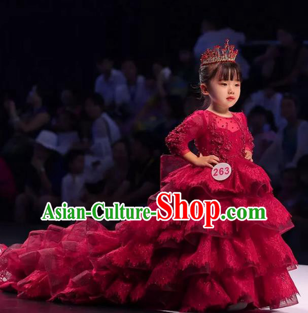 Children Models Show Costume Stage Performance Modern Dance Red Trailing Dress for Kids