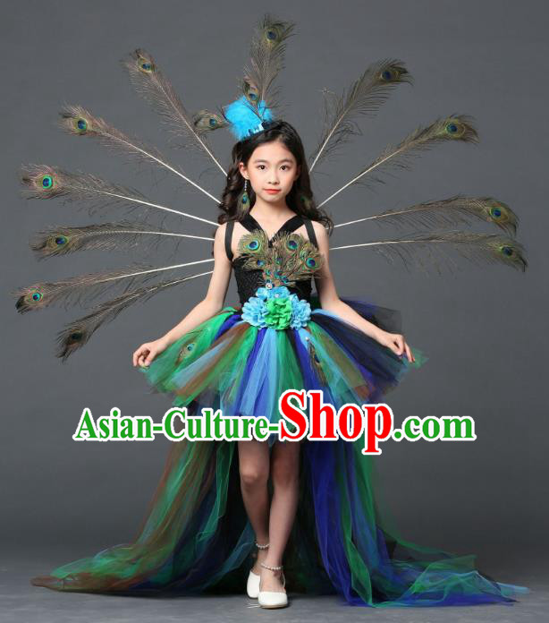 Children Models Show Costume Stage Performance Modern Dance Catwalks Peacock Feather Trailing Dress for Kids