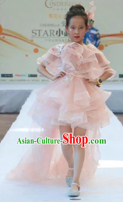 Children Models Show Costume Stage Performance Modern Dance Catwalks Pink Trailing Dress for Kids