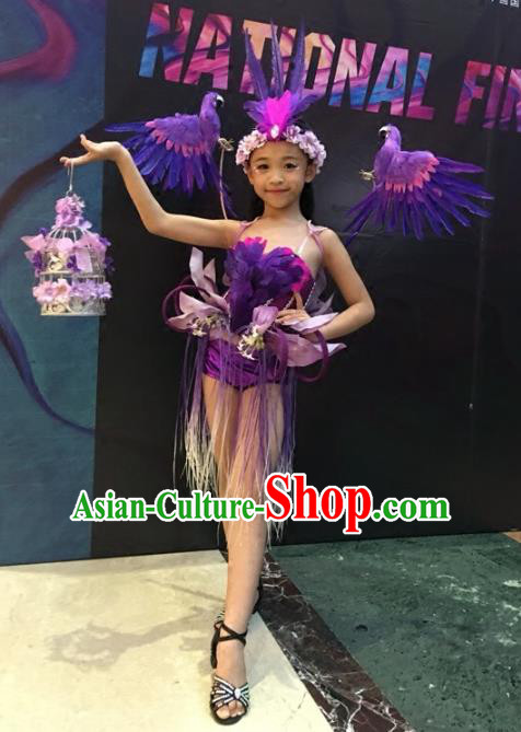 Children Models Show Costume Stage Performance Modern Dance Catwalks Purple Feather Clothing for Kids