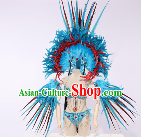 Top Grade Stage Performance Clothing Models Show Brazilian Rio Carnival Samba Dance Blue Feather Costume and Headwear for Women