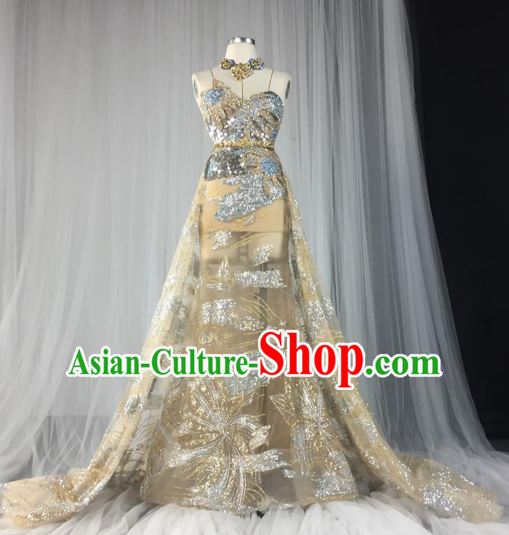 Top Grade Models Show Costume Stage Performance Catwalks Golden Full Dress for Women