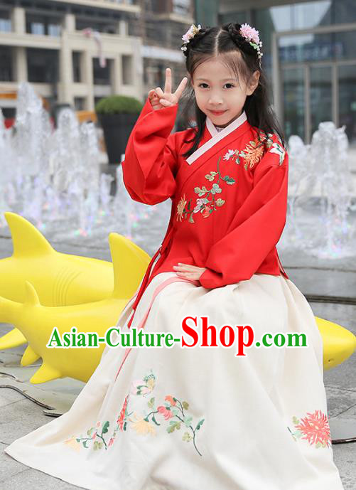 Chinese Ancient Ming Dynasty Princess Costumes Children Embroidered Red Hanfu Clothing for Kids