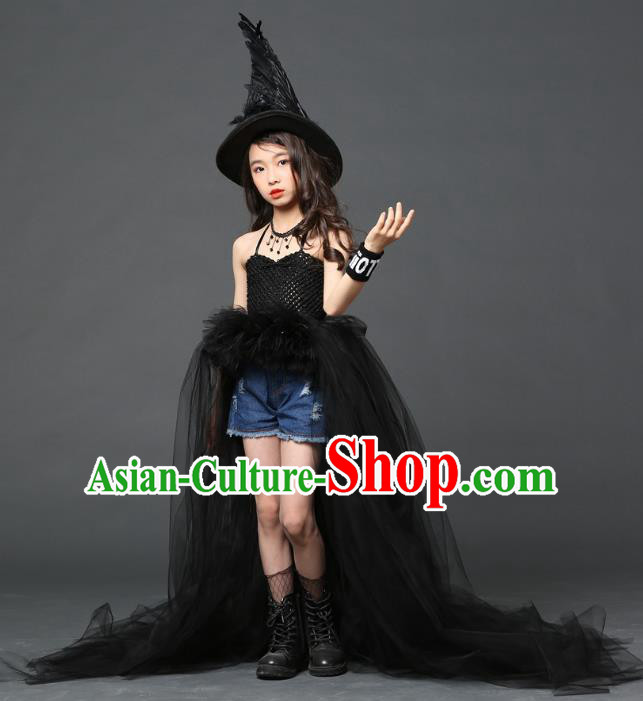 Children Models Show Costume Stage Performance Catwalks Compere Black Veil Dress and Hat for Kids