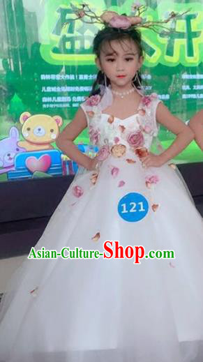 Children Models Show Costume Stage Performance Catwalks Compere Flower Fairy Veil Dress and Hat for Kids