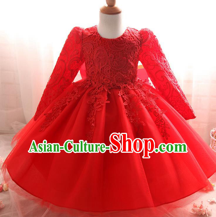 Top Grade Children Catwalks Costume Modern Dance Stage Performance Compere Red Lace Dress for Kids