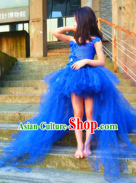 Children Models Show Costume Catwalks Stage Performance Royalblue Trailing Dress for Kids