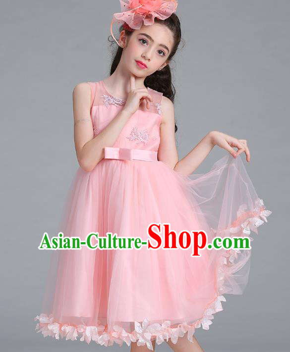 Children Models Show Compere Costume Stage Performance Girls Princess Pink Full Dress for Kids