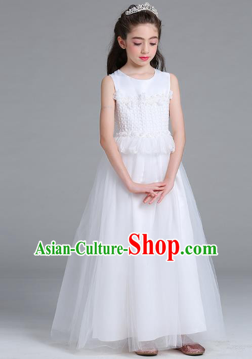 Children Models Show Compere Costume Girls Princess White Veil Dress Stage Performance Clothing for Kids