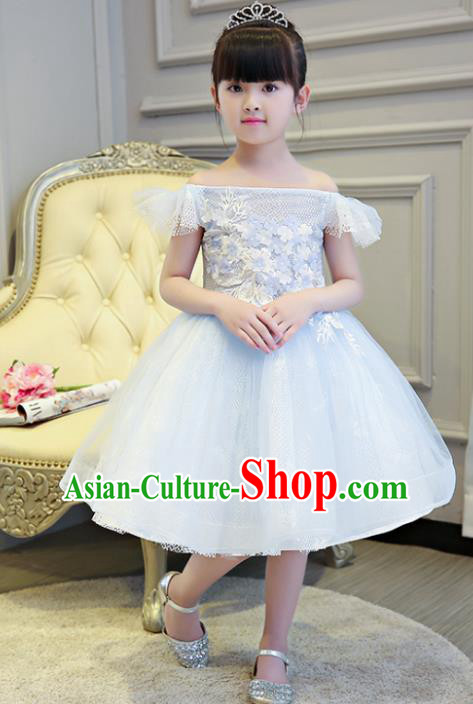 Children Models Show Compere Costume Girls Princess Blue Veil Full Dress Stage Performance Clothing for Kids