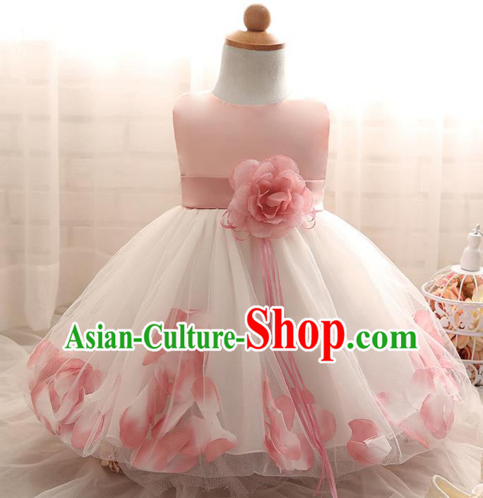 Children Models Show Costume Compere Pink Rose Full Dress Stage Performance Clothing for Kids