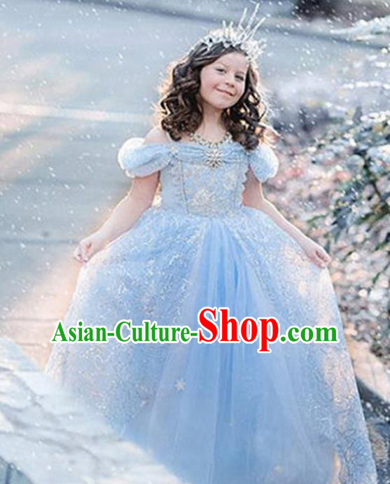 Children Fairy Princess Costume Compere Stage Performance Catwalks Blue Dress for Kids