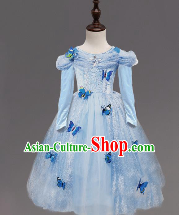 Children Fairy Princess Costume Stage Performance Catwalks Compere Blue Butterfly Dress for Kids