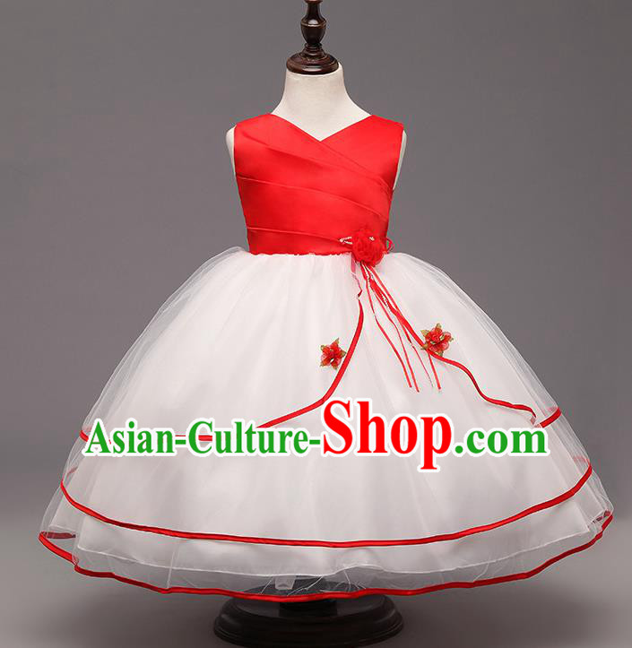 Children Flower Fairy Costume Compere Modern Dance Stage Performance Catwalks Red Dress for Kids
