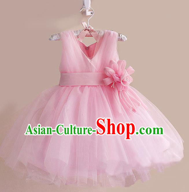 Children Modern Dance Pink Flower Bubble Dress Stage Performance Compere Catwalks Costume for Kids
