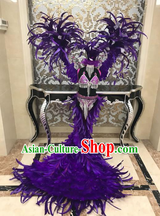 Children Catwalks Costume Modern Dance Purple Feather Swimsuit and Angel Wings for Kids