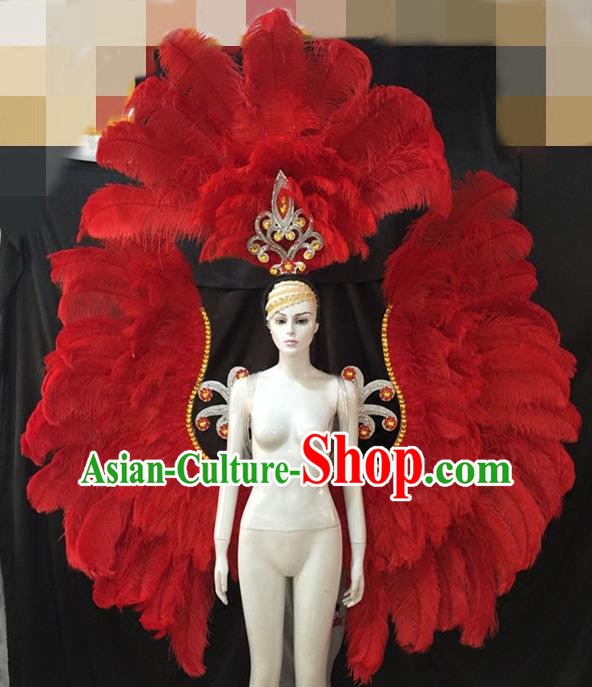 Blue Feather Brazilian Rio Carnival Costumes Halloween Catwalks Swimsuit  and Deluxe Feather Wings Headwear for Women