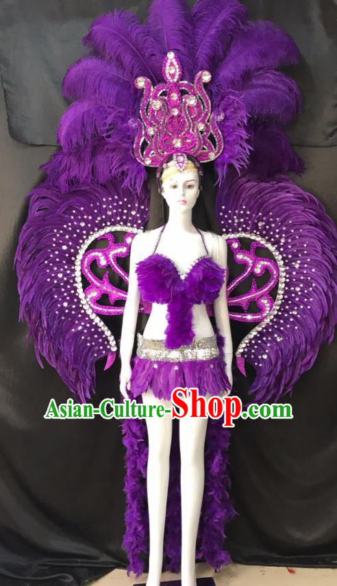 Purple Feather Brazilian Rio Carnival Costumes Halloween Catwalks Swimsuit and Deluxe Feather Wings Headwear for Women
