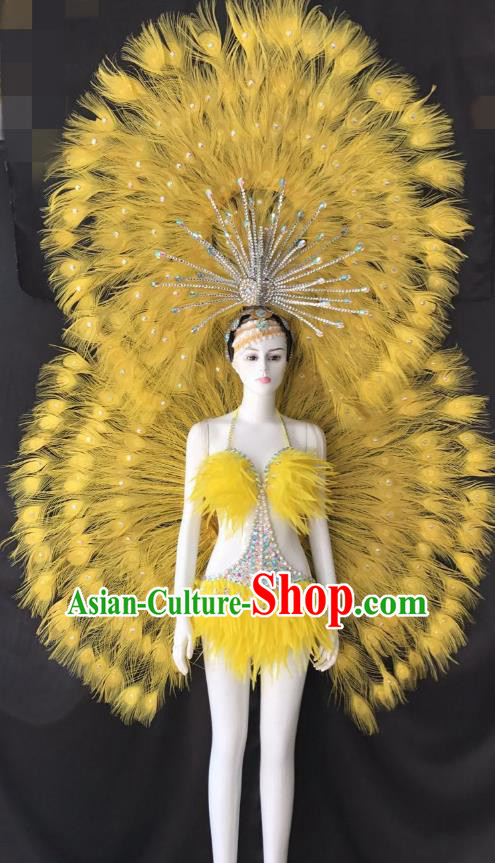 Yellow Feather Brazilian Rio Carnival Costumes Halloween Catwalks Swimsuit and Deluxe Feather Wings Headwear for Women
