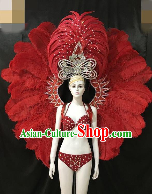 Blue Feather Brazilian Rio Carnival Costumes Halloween Catwalks Swimsuit  and Deluxe Feather Wings Headwear for Women