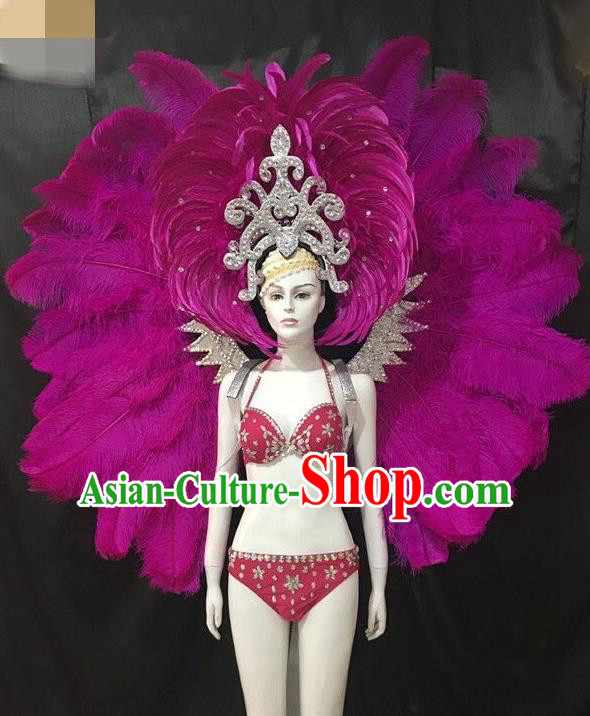 Brazilian Rio Carnival Purple Feather Costumes Halloween Catwalks Swimsuit and Deluxe Feather Wings Headwear for Women