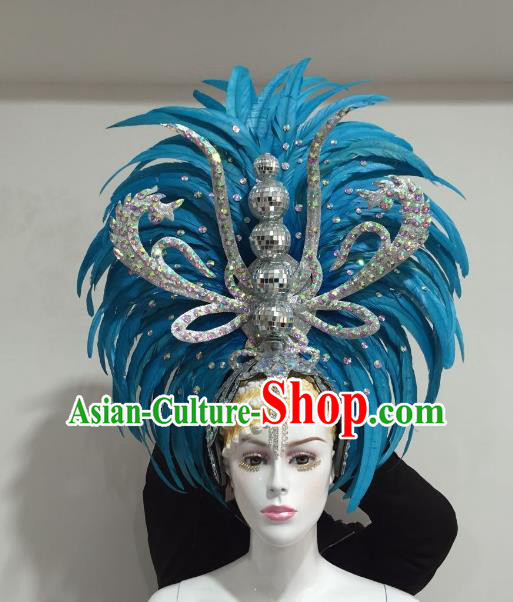 Brazilian Samba Dance Blue Feather Hair Accessories Rio Carnival Catwalks Deluxe Headwear for Women