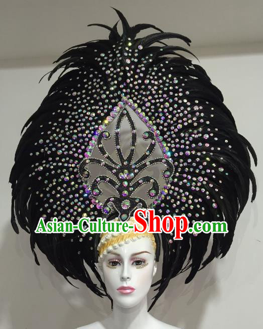 Brazilian Samba Dance Black Feather Hair Accessories Rio Carnival Catwalks Deluxe Headwear for Women