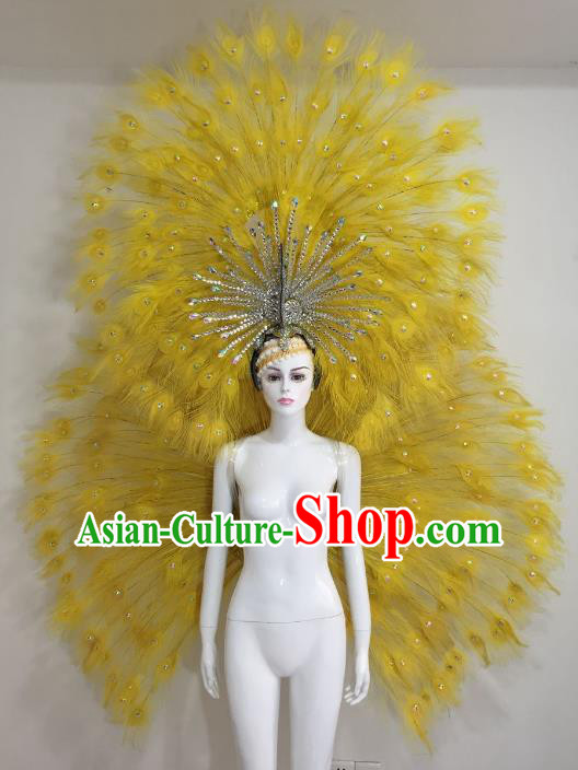 Brazilian Catwalks Samba Dance Props Rio Carnival Yellow Feather Angel Wings and Headwear for Women
