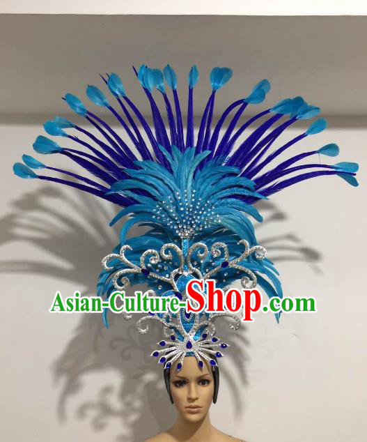 Brazilian Samba Dance Queen Hair Accessories Rio Carnival Roman Blue Feather Deluxe Headwear for Women