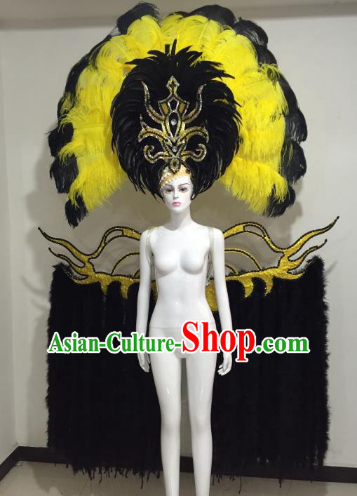 Brazilian Catwalks Samba Dance Props Rio Carnival Black and Yellow Feather Angel Wings and Headwear for Women