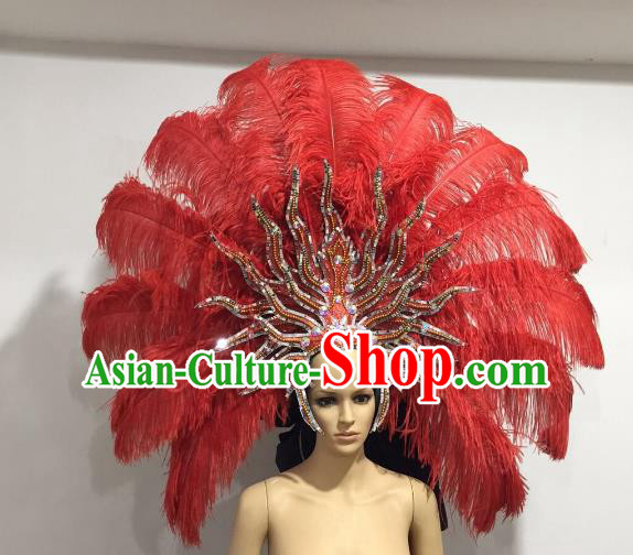Brazilian Samba Dance Catwalks Hair Accessories Rio Carnival Red Ostrich Feather Deluxe Headwear for Women