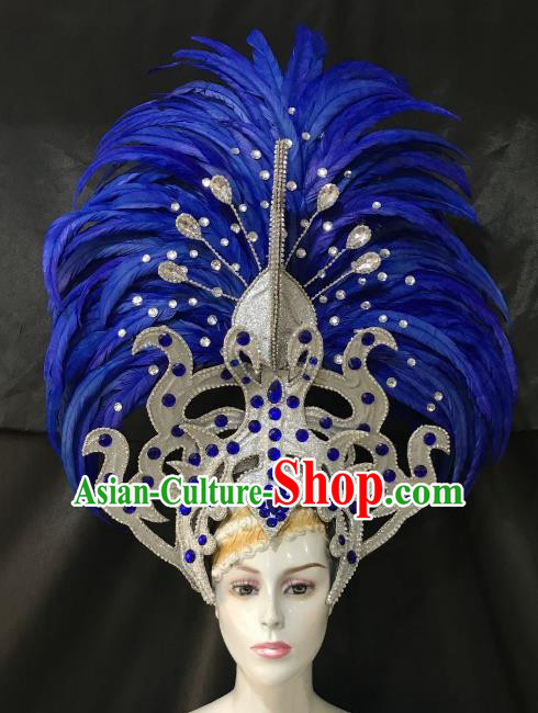 Brazilian Carnival Catwalks Hair Accessories Rio Samba Dance Blue Ostrich Feather Deluxe Headwear for Women