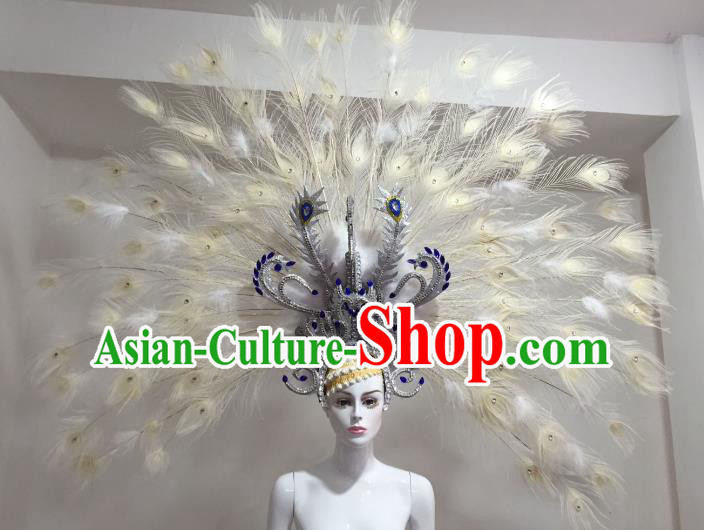 Brazilian Samba Dance White Ostrich Feather Hair Accessories Rio Carnival Catwalks Deluxe Headwear for Women