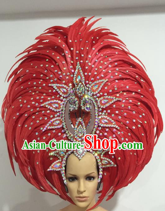 Brazilian Carnival Catwalks Hair Accessories Rio Samba Dance Red Feather Deluxe Headwear for Women