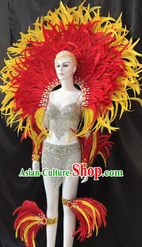 Brazilian Rio Carnival Samba Dance Feather Costumes Halloween Catwalks Deluxe Feather Swimsuit and Wings for Women