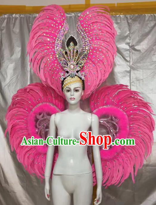 Top Grade Brazilian Carnival Samba Dance Props Catwalks Pink Feather Wings and Headwear for Women