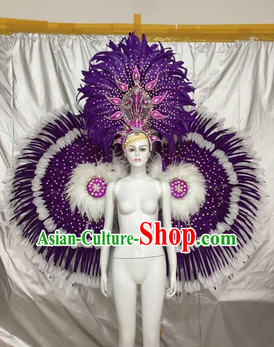 Top Grade Brazilian Carnival Samba Dance Purple Feather Angel Wings Catwalks Headwear for Women
