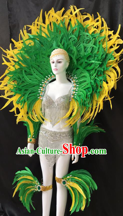 Brazilian Rio Carnival Samba Dance Green Feather Costumes Halloween Catwalks Deluxe Feather Swimsuit and Wings for Women