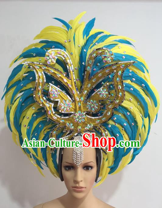 Brazilian Carnival Catwalks Ostrich Feather Hair Accessories Rio Samba Dance Yellow and Blue Feather Deluxe Headwear for Women