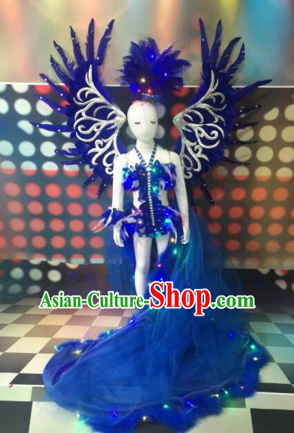 Top Grade Catwalks Costumes Brazilian Carnival Samba Dance Blue Feather Swimsuit with Wings for Kids