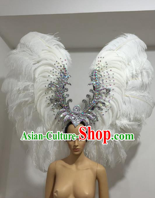 Brazilian Carnival Catwalks White Ostrich Feather Headdress Rio Samba Dance Deluxe Hair Accessories for Women