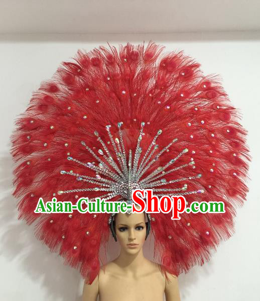 Brazilian Carnival Catwalks Red Feather Peacock Headdress Rio Samba Dance Deluxe Hair Accessories for Women