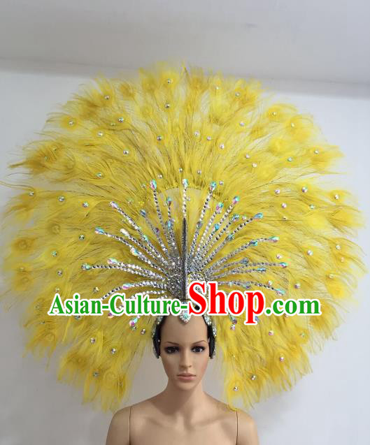 Brazilian Carnival Catwalks Yellow Feather Peacock Headdress Rio Samba Dance Deluxe Hair Accessories for Women