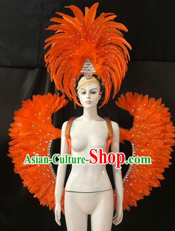 Brazilian Rio Carnival Samba Dance Orange Feather Wings and Headwear for Adults