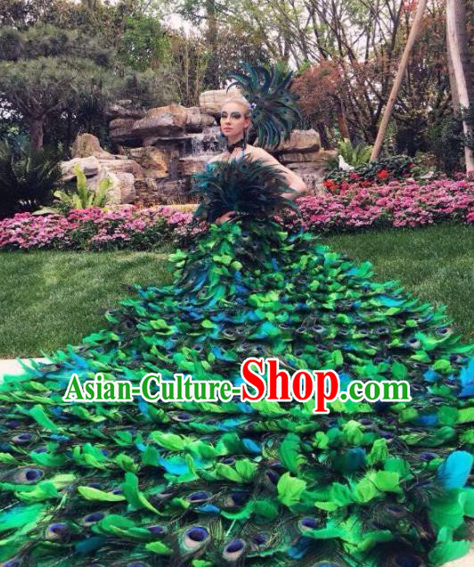 Brazilian Rio Carnival Samba Dance Costumes Catwalks Green Feather Peacock Trailing Dress for Women