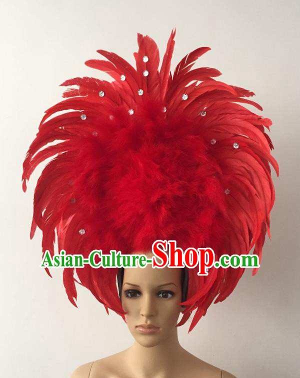 Handmade Catwalks Hair Accessories Brazilian Rio Carnival Samba Dance Red Feather Headdress for Women